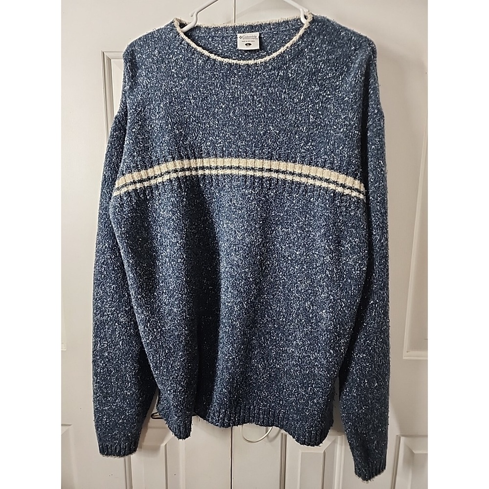 Columbia Mens Blue Sweater Wool Blend White Stripes and Speckles size Large EUC